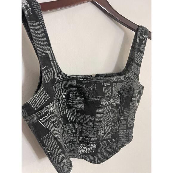 Reformation Jeans 8 Raya Denim Crop Tank Top Shirt Bustier Black White Newspaper - Picture 5 of 10